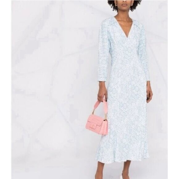 RIXO Clover Floral Print V-Neck Ruffled Long Sleeve Midi Dress - Picture 1 of 9